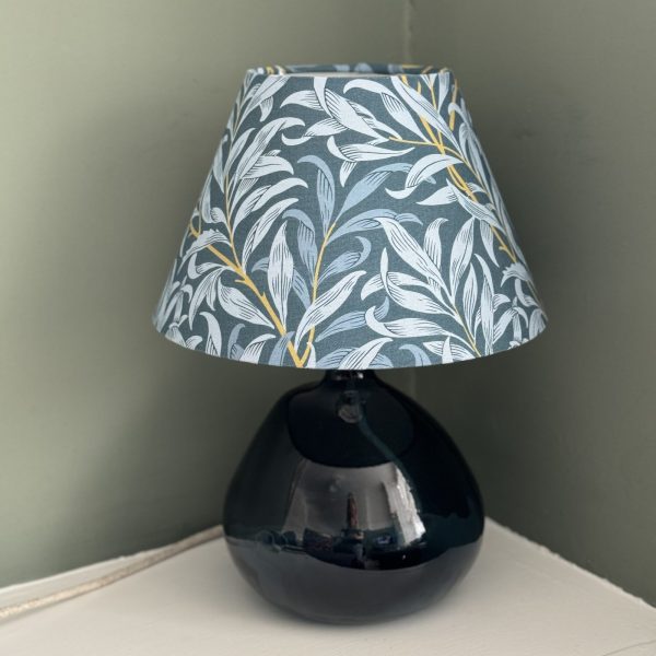 29cm Simplicity glass lamp in petrol blue with a William Morris Willow Bough Coolie