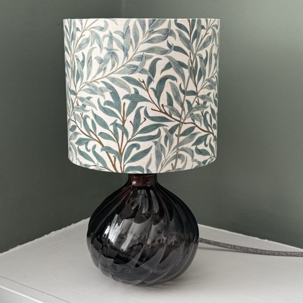 23cm Spiral recycled glass lamp in neutral grey with a William Morris Willow Bough lampshade
