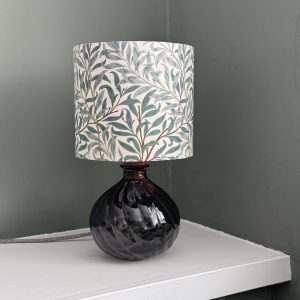 23cm Spiral recycled glass lamp in neutral grey with a William Morris Willow Bough lampshade by Fait par Moi