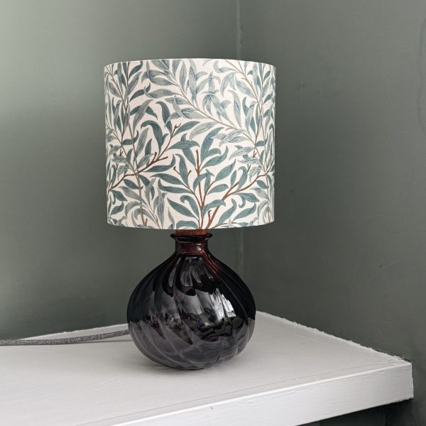 23cm Spiral recycled glass lamp in neutral grey with a William Morris Willow Bough lampshade by Fait par Moi